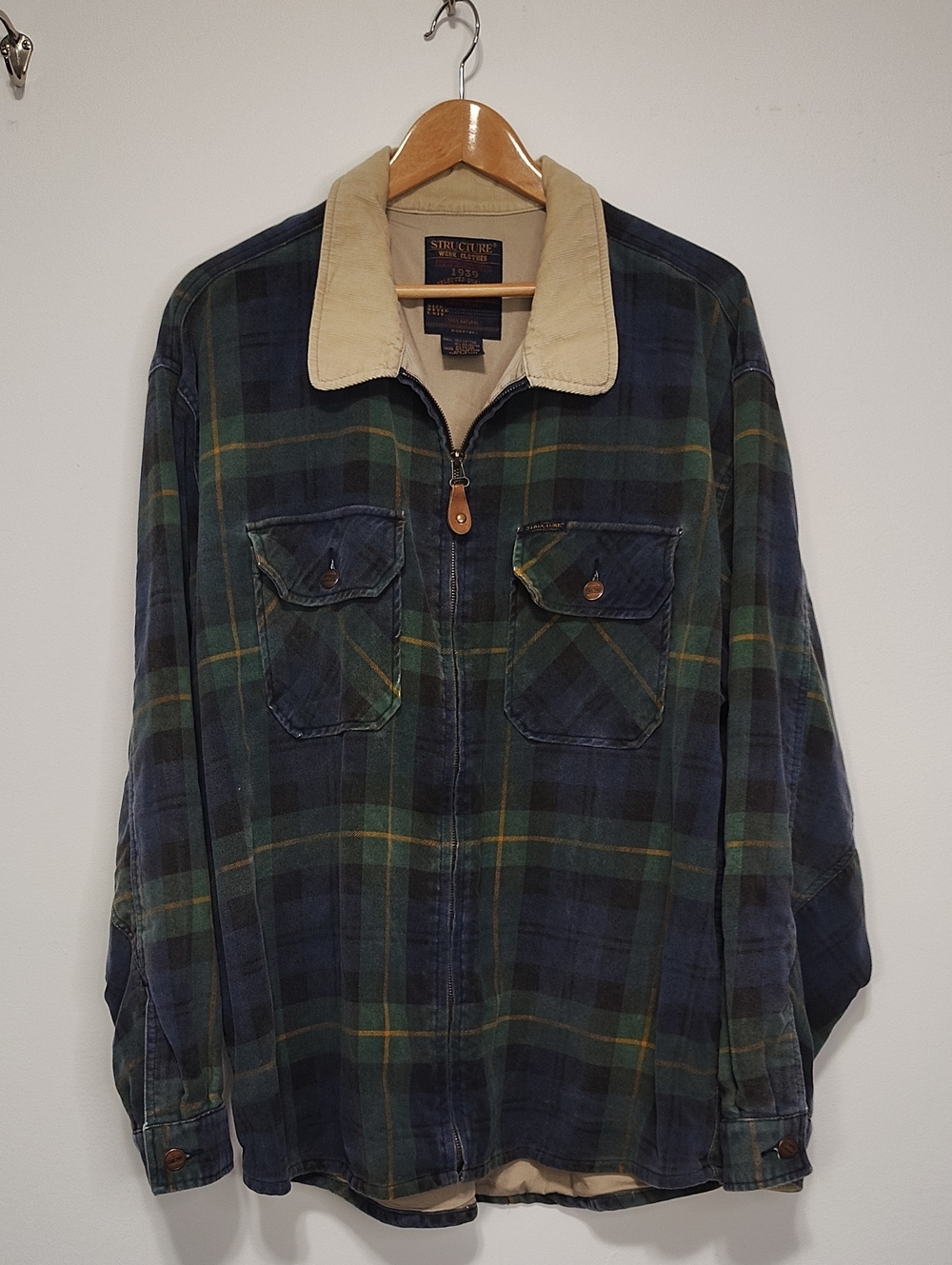 Structure Green & Navy Plaid Lightweight Zip Jacket with Tan Cord Collar